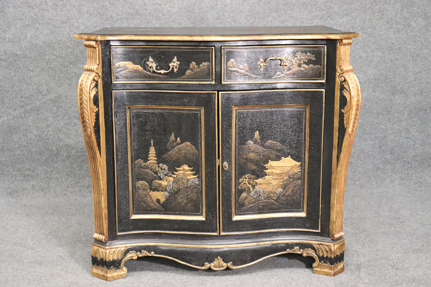 Gilded Black Chinoiserie Georgian Style Antique Two Door Cabinet Commode Server