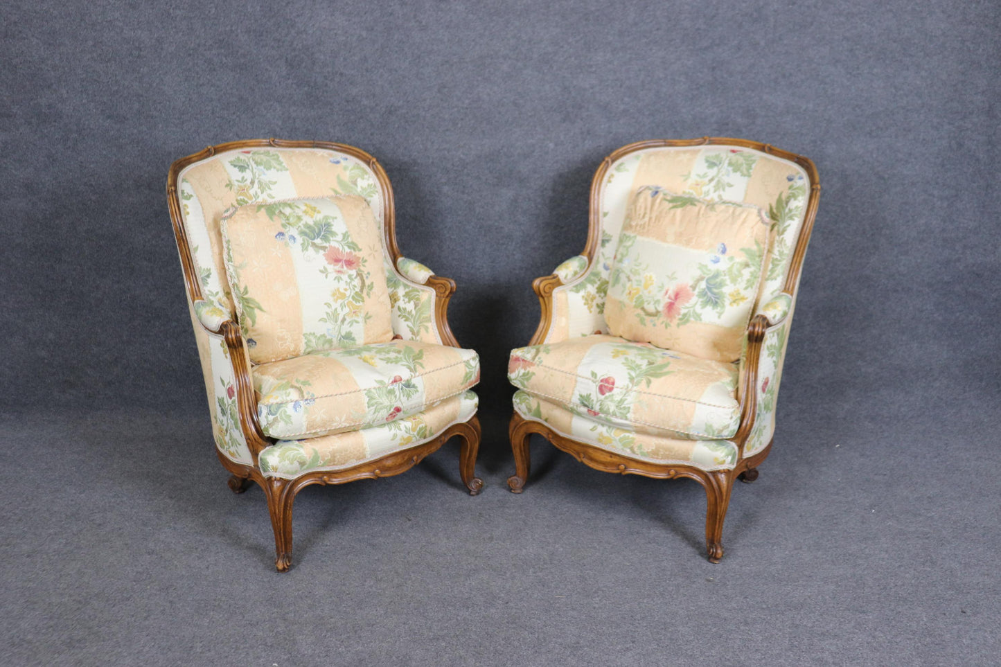 Fantastic Pair of Carved Walnut French Louis XV Style Bergere Chairs