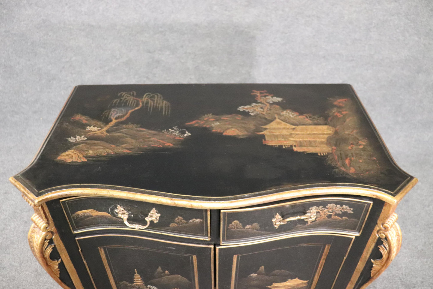 Gilded Black Chinoiserie Georgian Style Antique Two Door Cabinet Commode Server