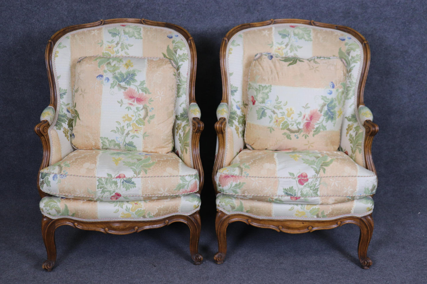 Fantastic Pair of Carved Walnut French Louis XV Style Bergere Chairs