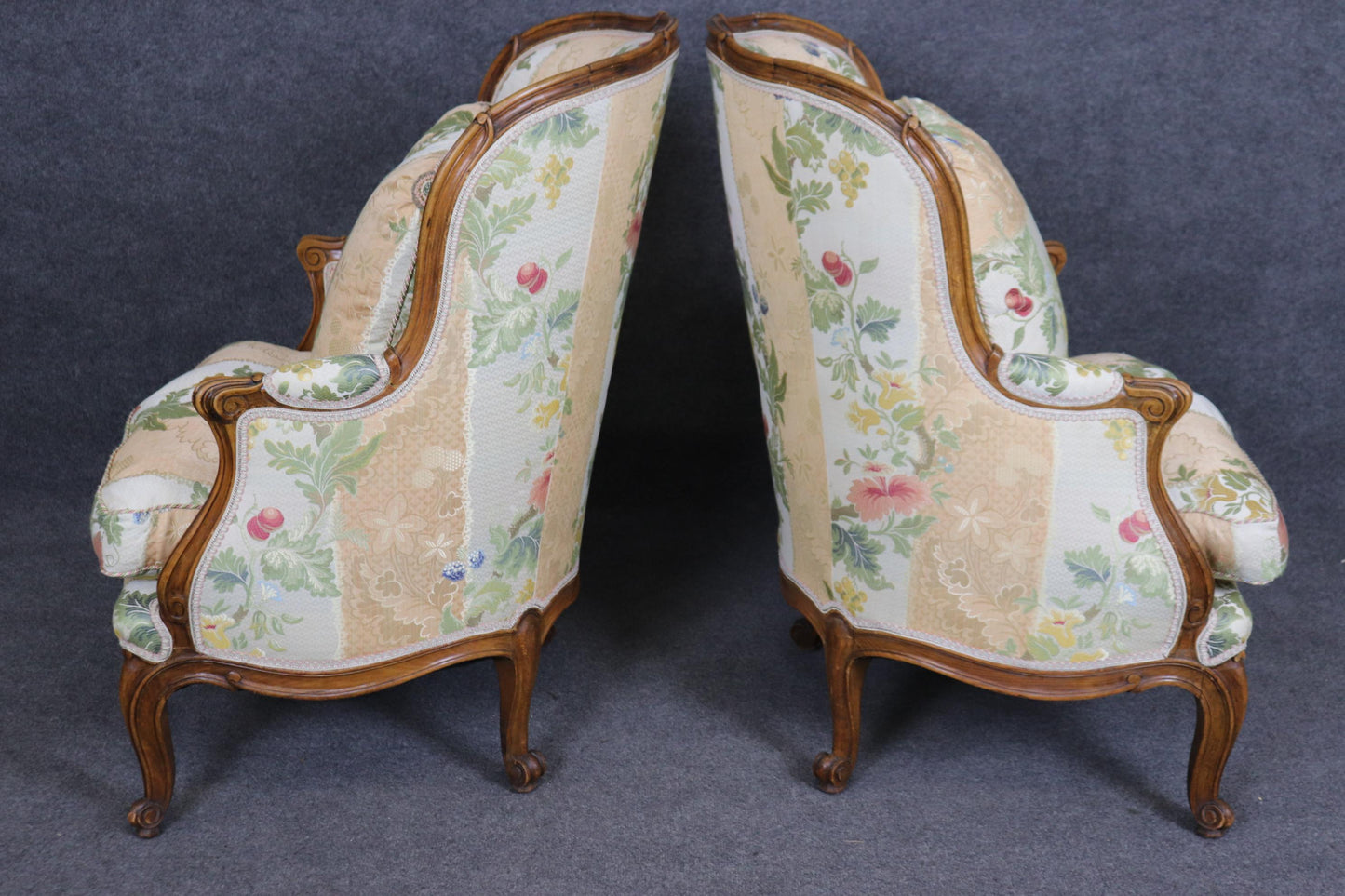 Fantastic Pair of Carved Walnut French Louis XV Style Bergere Chairs