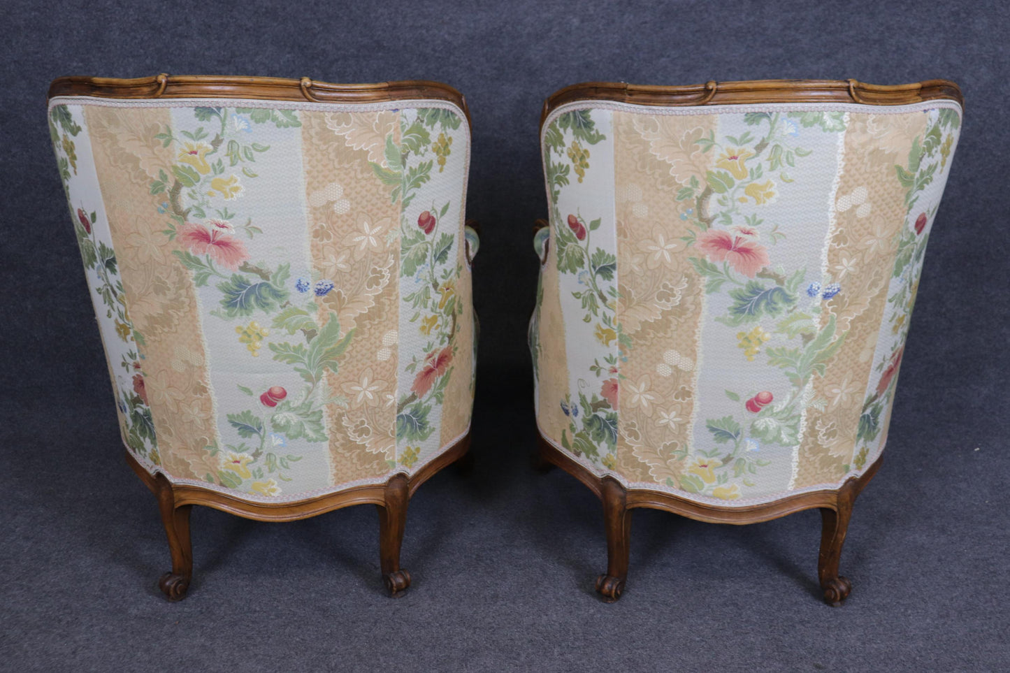 Fantastic Pair of Carved Walnut French Louis XV Style Bergere Chairs