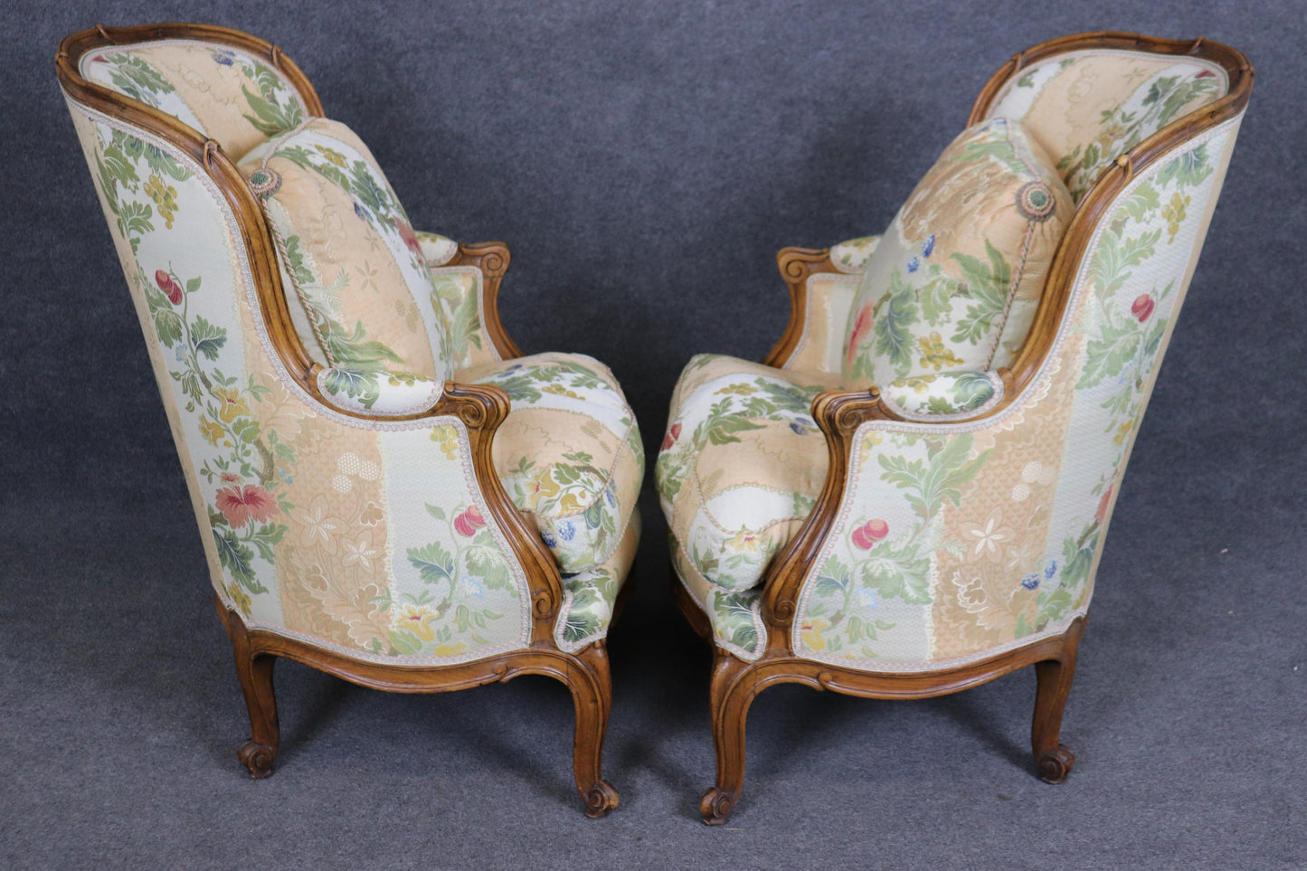 Fantastic Pair of Carved Walnut French Louis XV Style Bergere Chairs