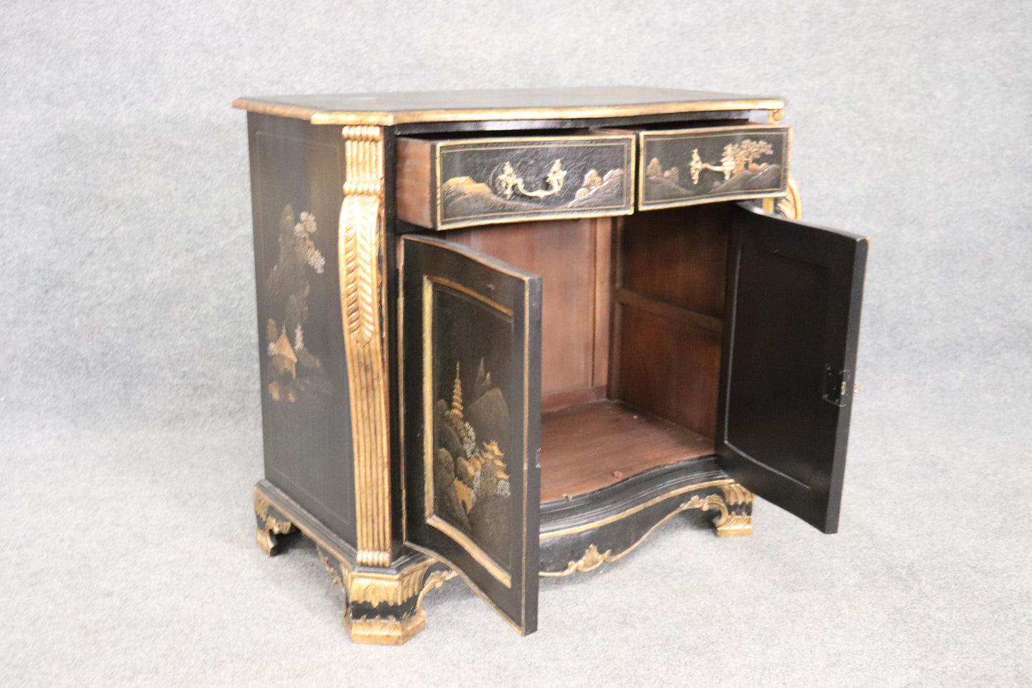 Gilded Black Chinoiserie Georgian Style Antique Two Door Cabinet Commode Server