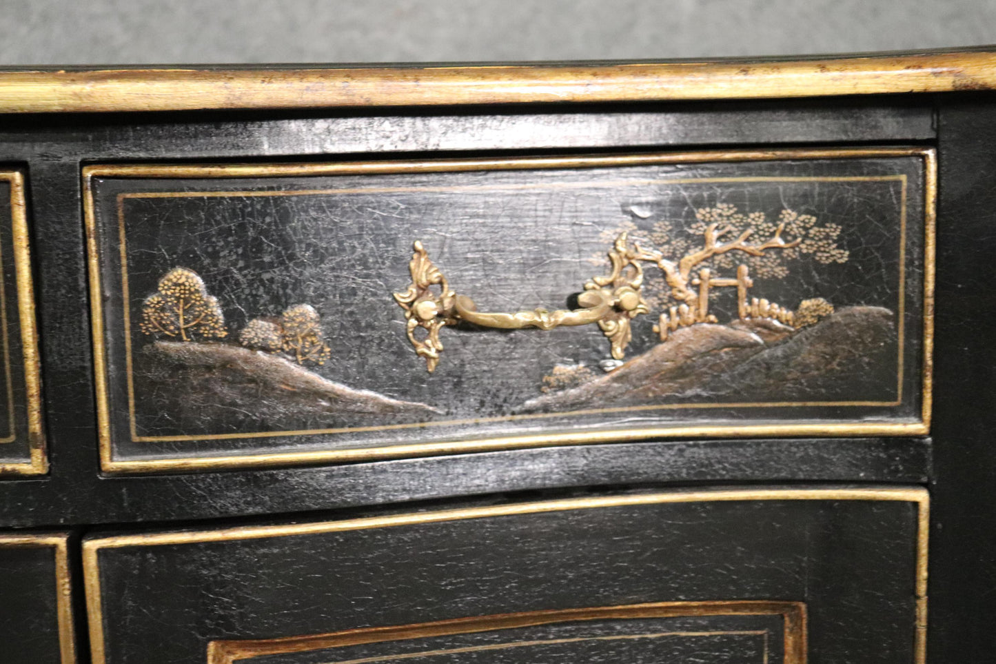 Gilded Black Chinoiserie Georgian Style Antique Two Door Cabinet Commode Server