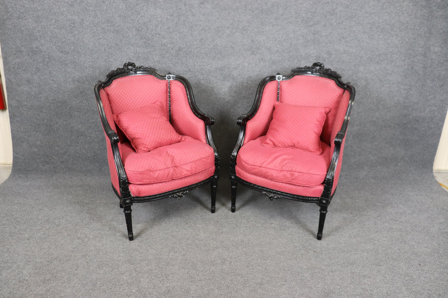 Pair of French Ebonized Black Lacquer Louis XVI Style Bergere Chairs