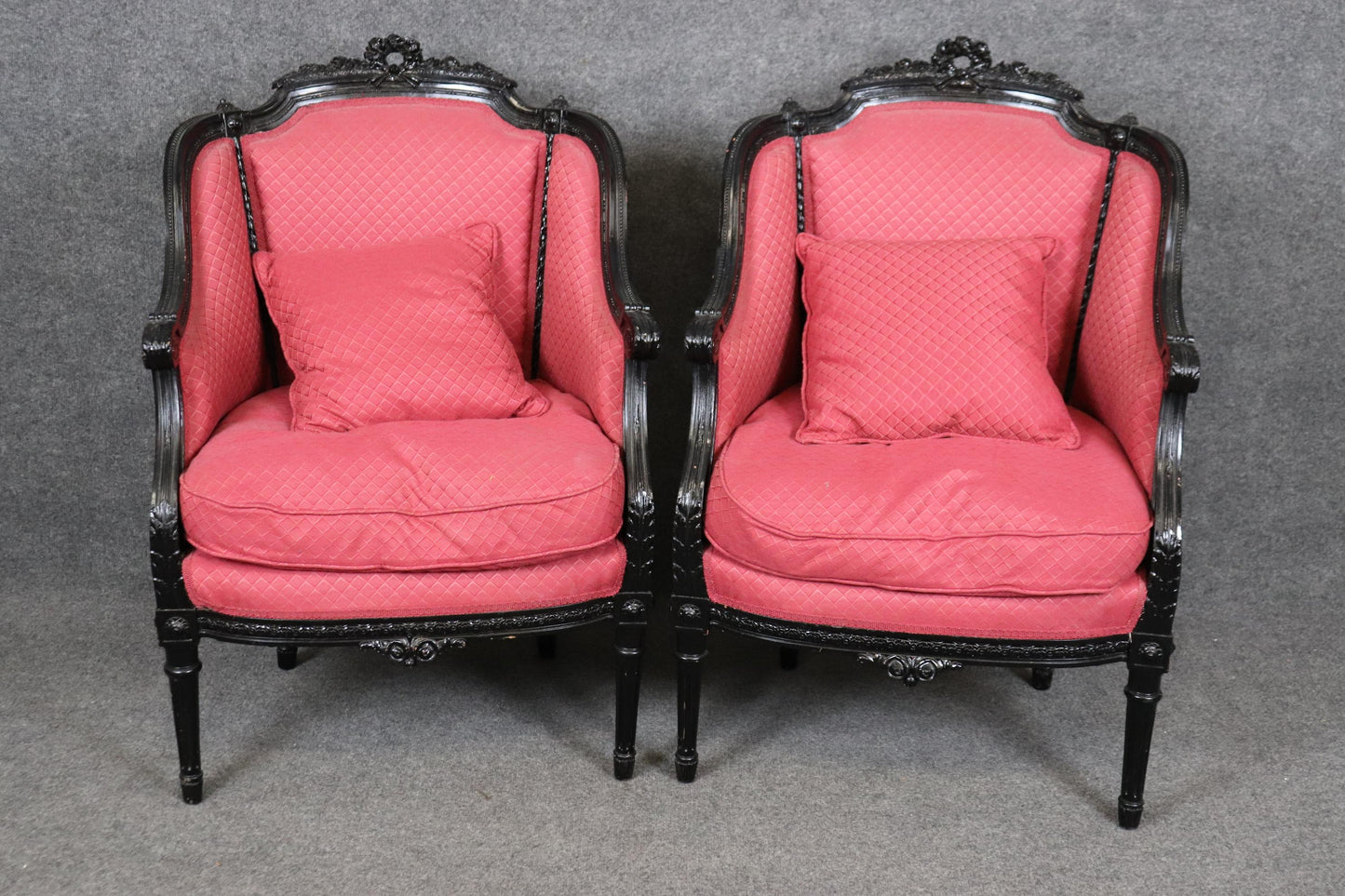 Pair of French Ebonized Black Lacquer Louis XVI Style Bergere Chairs