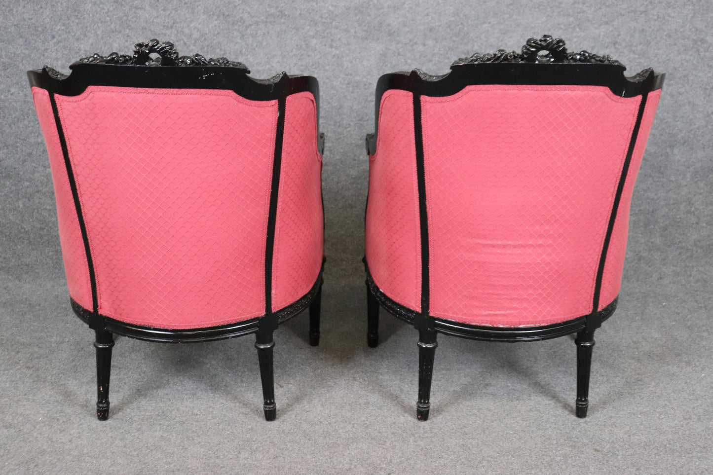 Pair of French Ebonized Black Lacquer Louis XVI Style Bergere Chairs