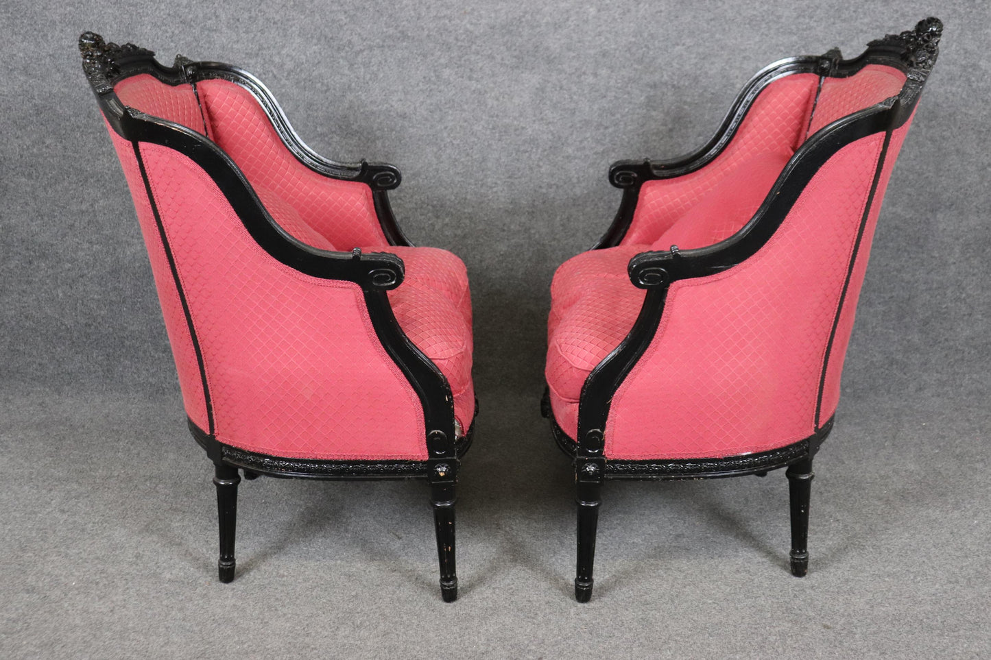 Pair of French Ebonized Black Lacquer Louis XVI Style Bergere Chairs