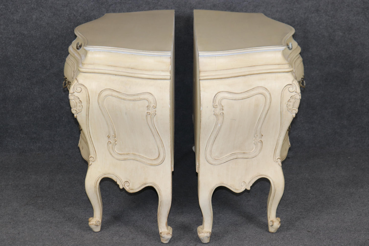 Pair of Fantastic French Rococo Bombe Distressed Off-white Painted Commodes