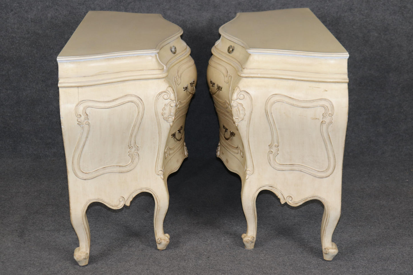 Pair of Fantastic French Rococo Bombe Distressed Off-white Painted Commodes