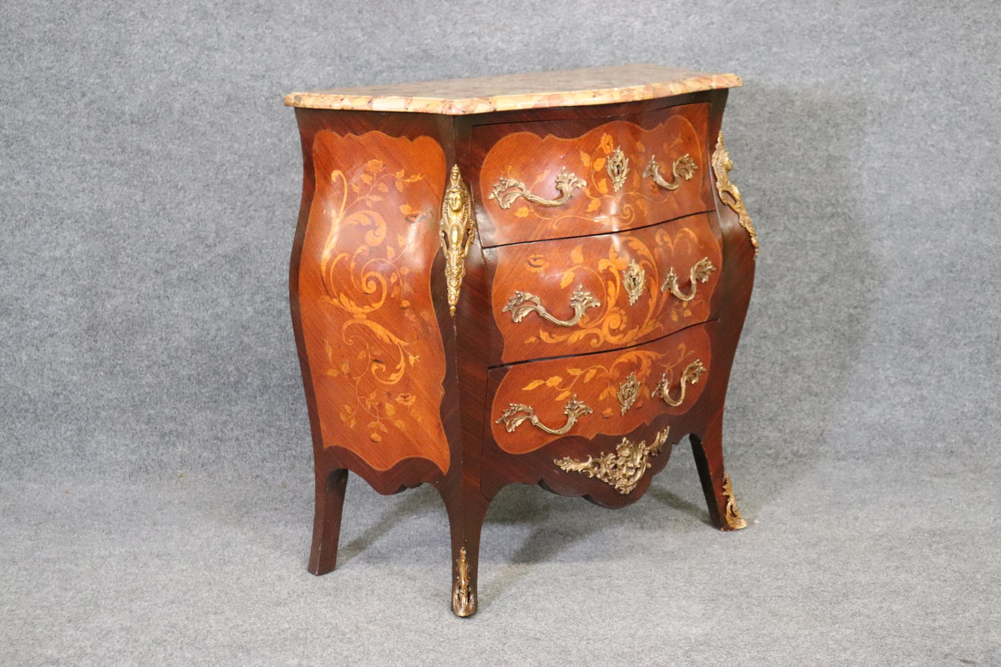 Fine Quality Figural Bronze Inlaid walnut Marble Top Louis XV commode Circa 1910