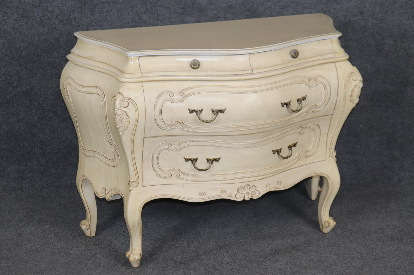 Pair of Fantastic French Rococo Bombe Distressed Off-white Painted Commodes