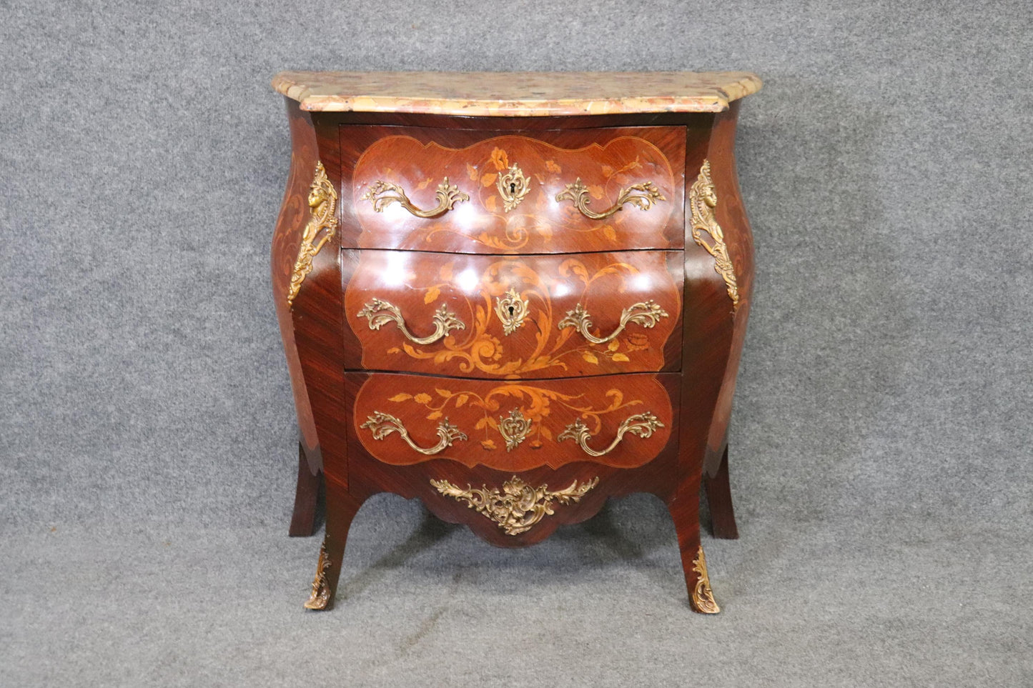 Fine Quality Figural Bronze Inlaid walnut Marble Top Louis XV commode Circa 1910