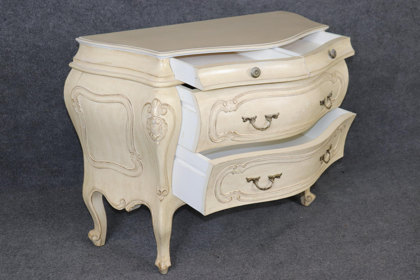 Pair of Fantastic French Rococo Bombe Distressed Off-white Painted Commodes