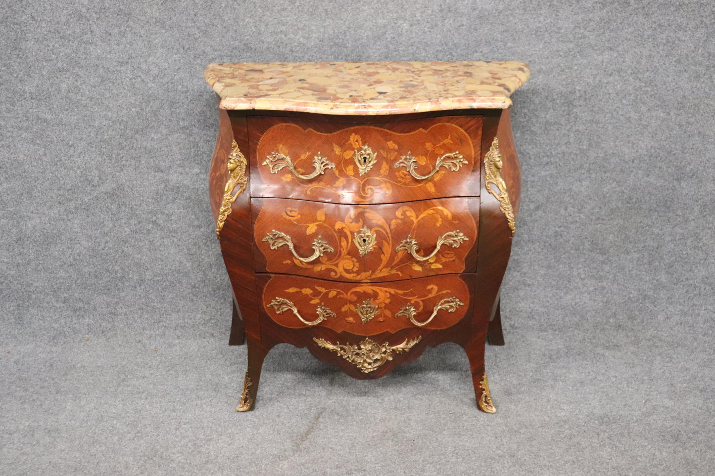 Fine Quality Figural Bronze Inlaid walnut Marble Top Louis XV commode Circa 1910