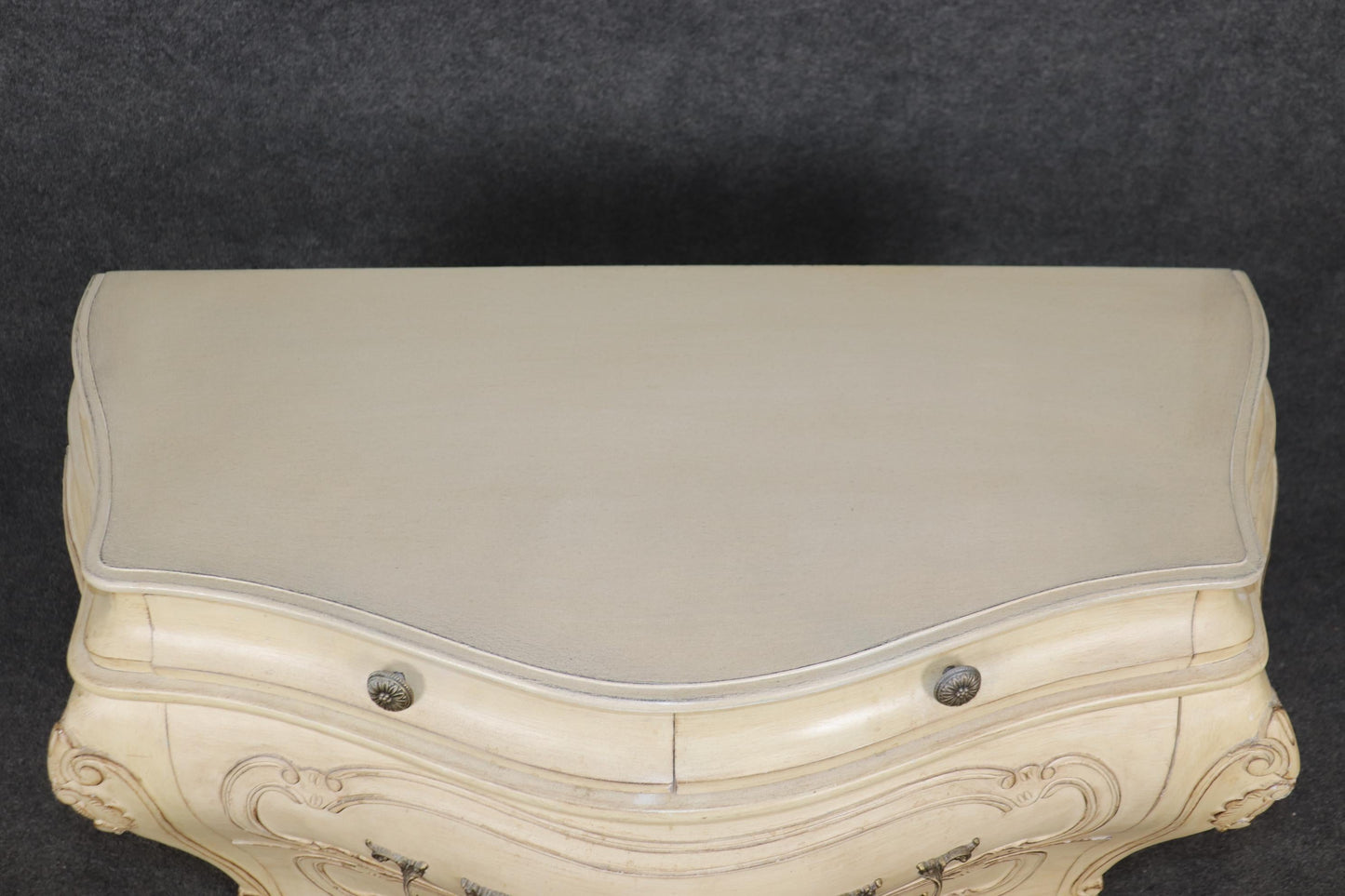 Pair of Fantastic French Rococo Bombe Distressed Off-white Painted Commodes