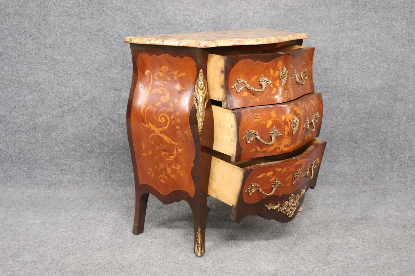 Fine Quality Figural Bronze Inlaid walnut Marble Top Louis XV commode Circa 1910