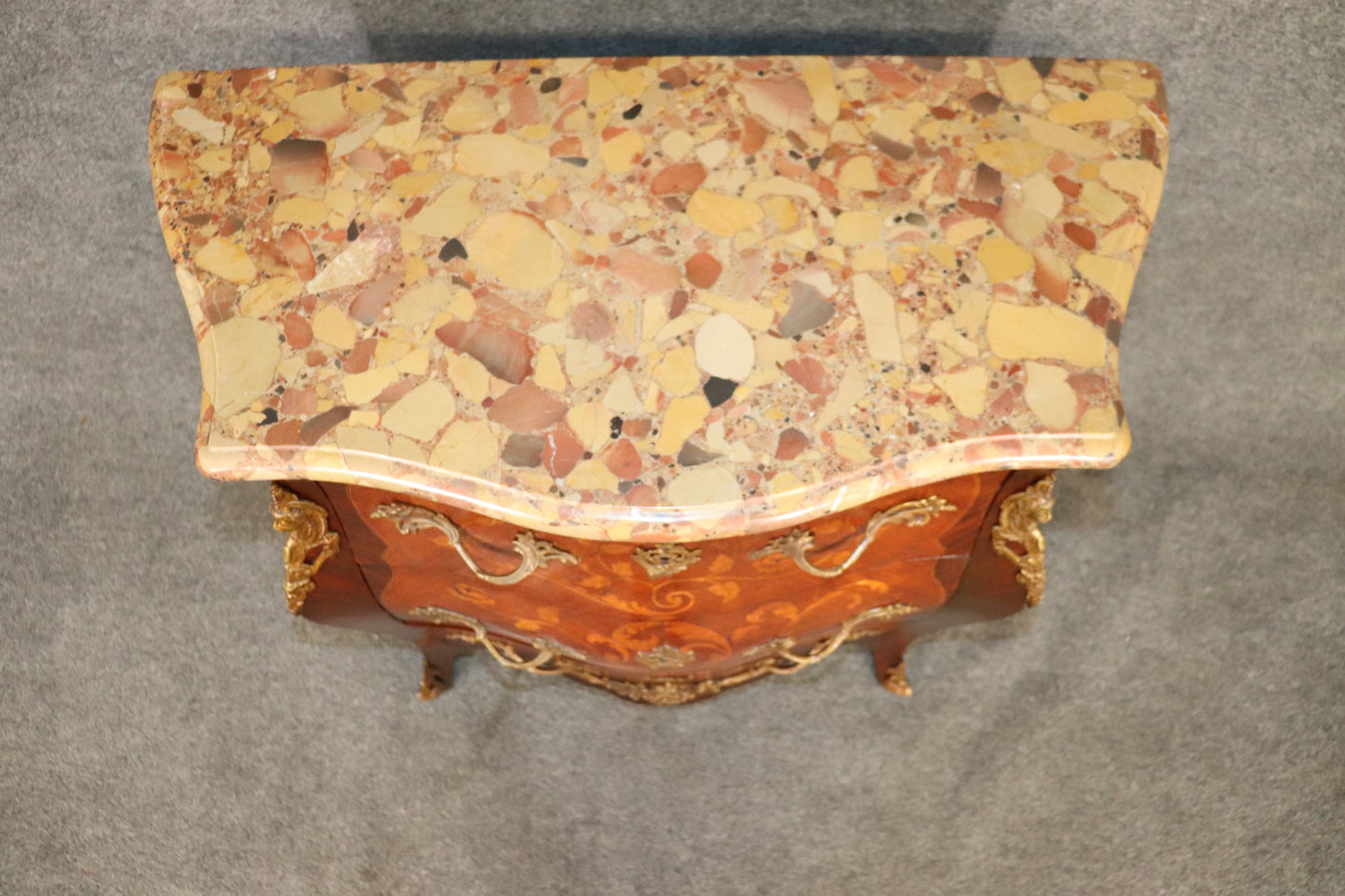 Fine Quality Figural Bronze Inlaid walnut Marble Top Louis XV commode Circa 1910