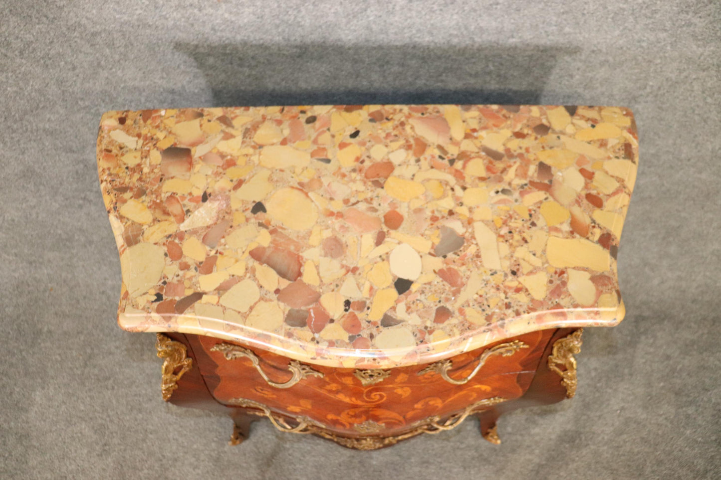 Fine Quality Figural Bronze Inlaid walnut Marble Top Louis XV commode Circa 1910