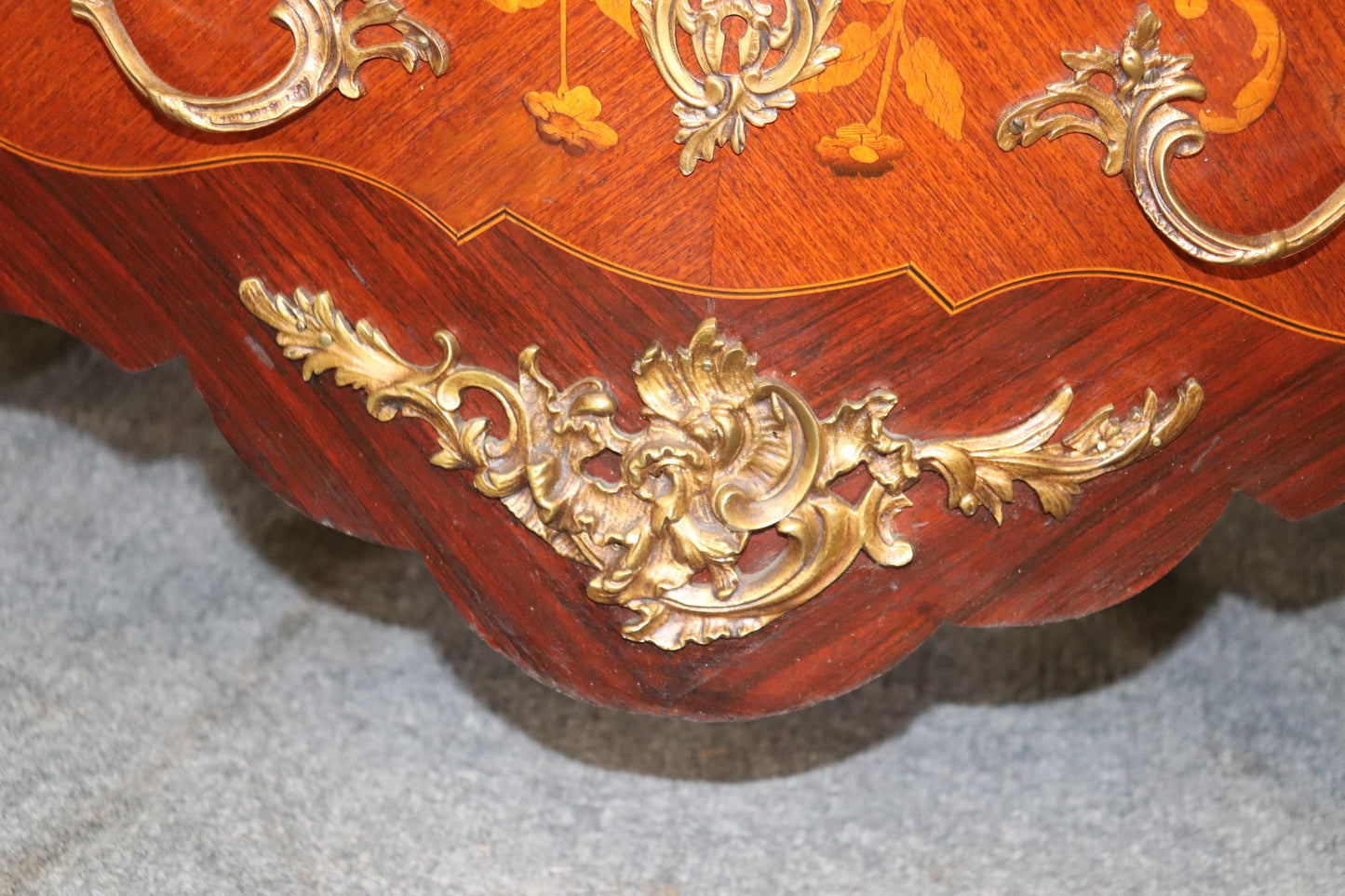 Fine Quality Figural Bronze Inlaid walnut Marble Top Louis XV commode Circa 1910