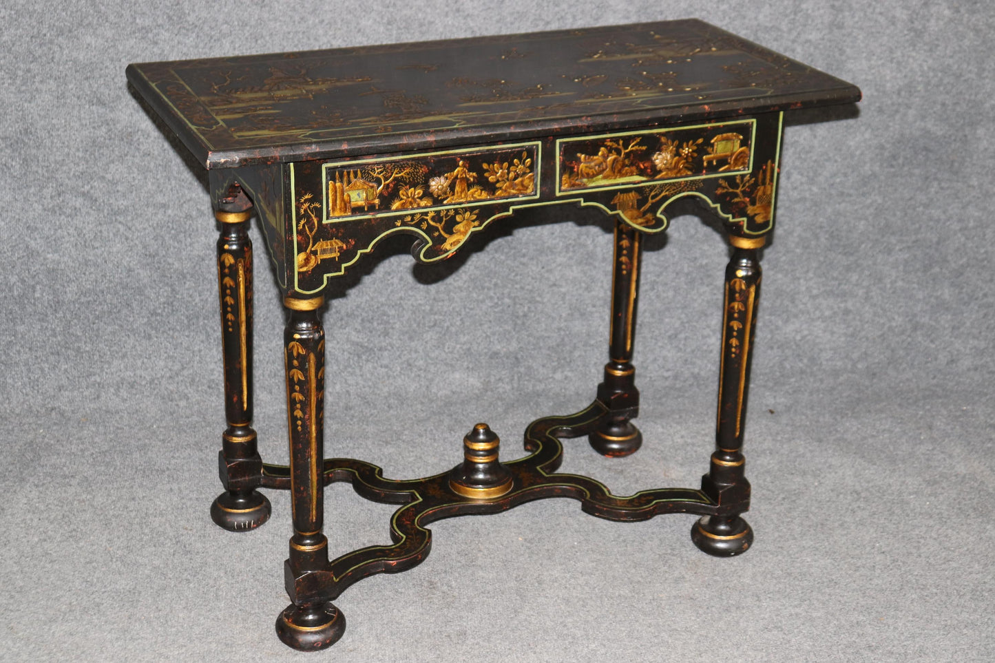 Very Rare Jacobean Raised Chinoiserie Antique Two Drawer Console Table C1850