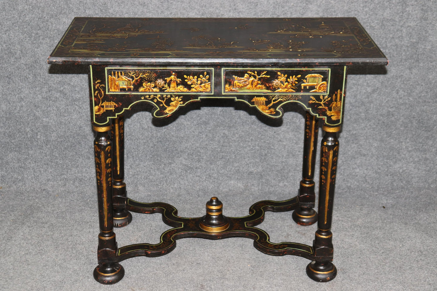 Very Rare Jacobean Raised Chinoiserie Antique Two Drawer Console Table C1850