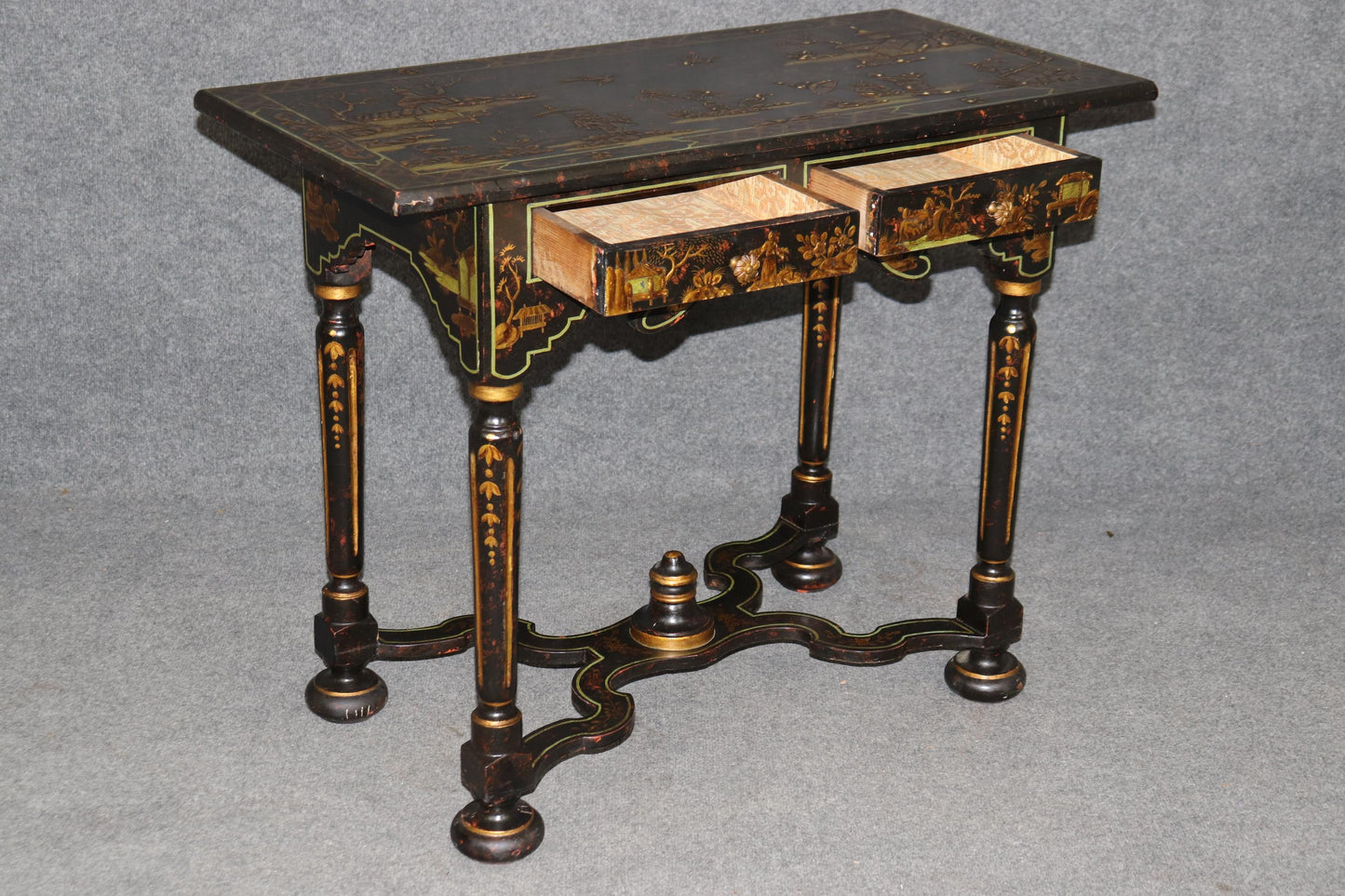 Very Rare Jacobean Raised Chinoiserie Antique Two Drawer Console Table C1850