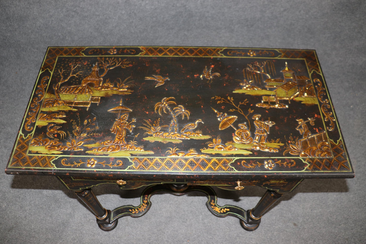 Very Rare Jacobean Raised Chinoiserie Antique Two Drawer Console Table C1850