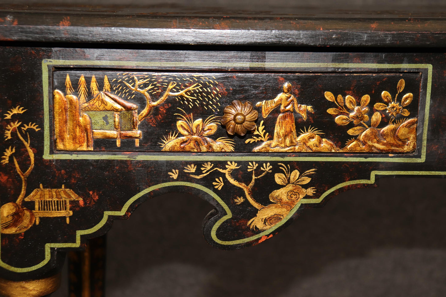 Very Rare Jacobean Raised Chinoiserie Antique Two Drawer Console Table C1850