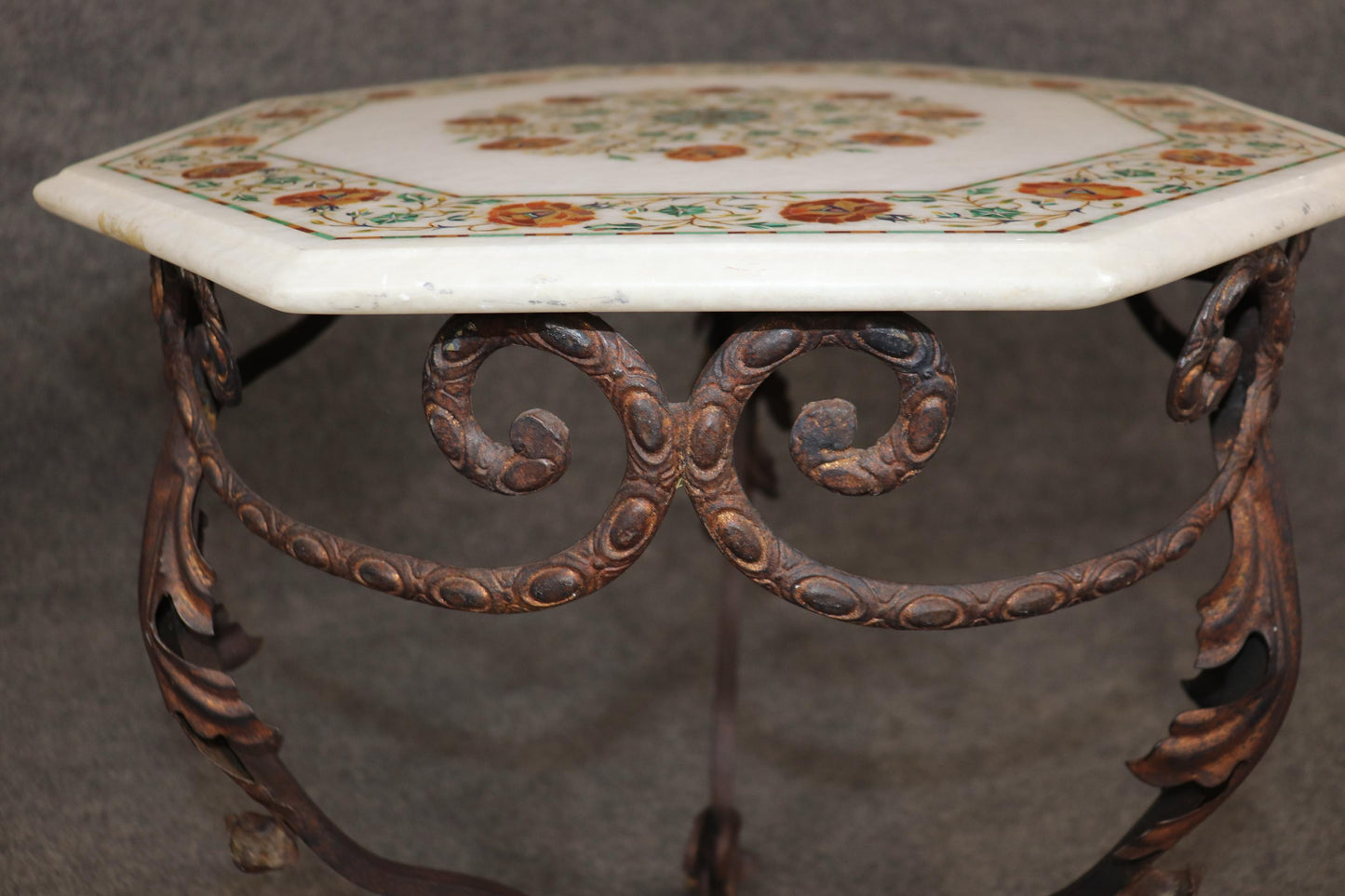 Italian Marble Inlaid Pietra Dura Octagonal Wrought Iron End Table 1950