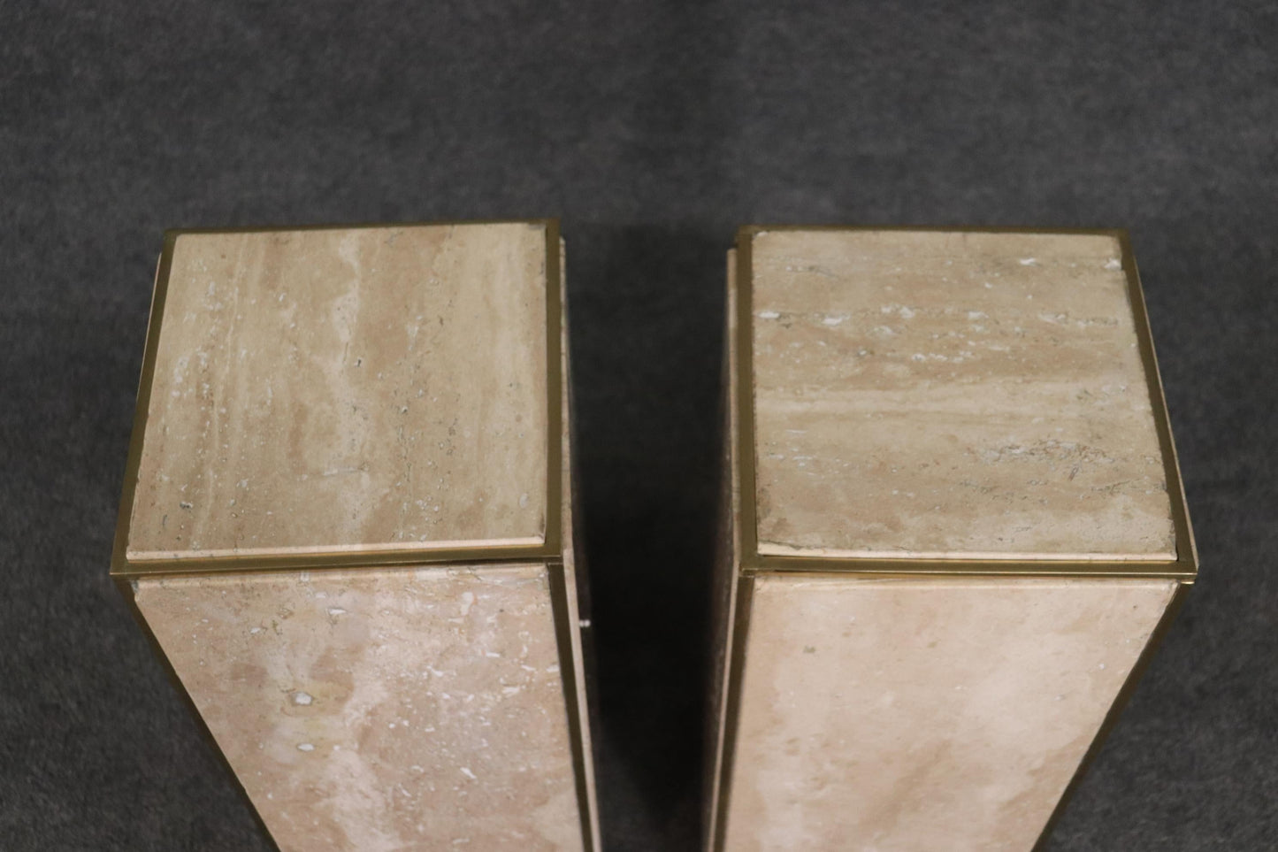 Modern Pair Travertine Marble Solid Brass Karl Springer Attributed Pedestals