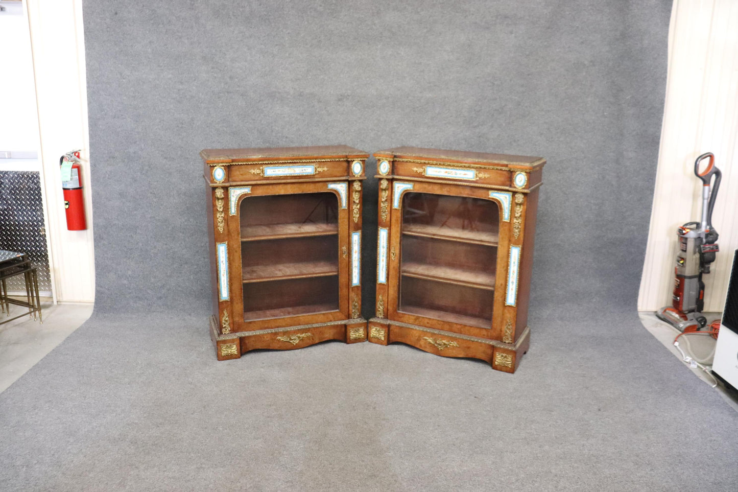 Rare Pair Burled Walnut and Porcelain Plaques and Bronze Ormolu