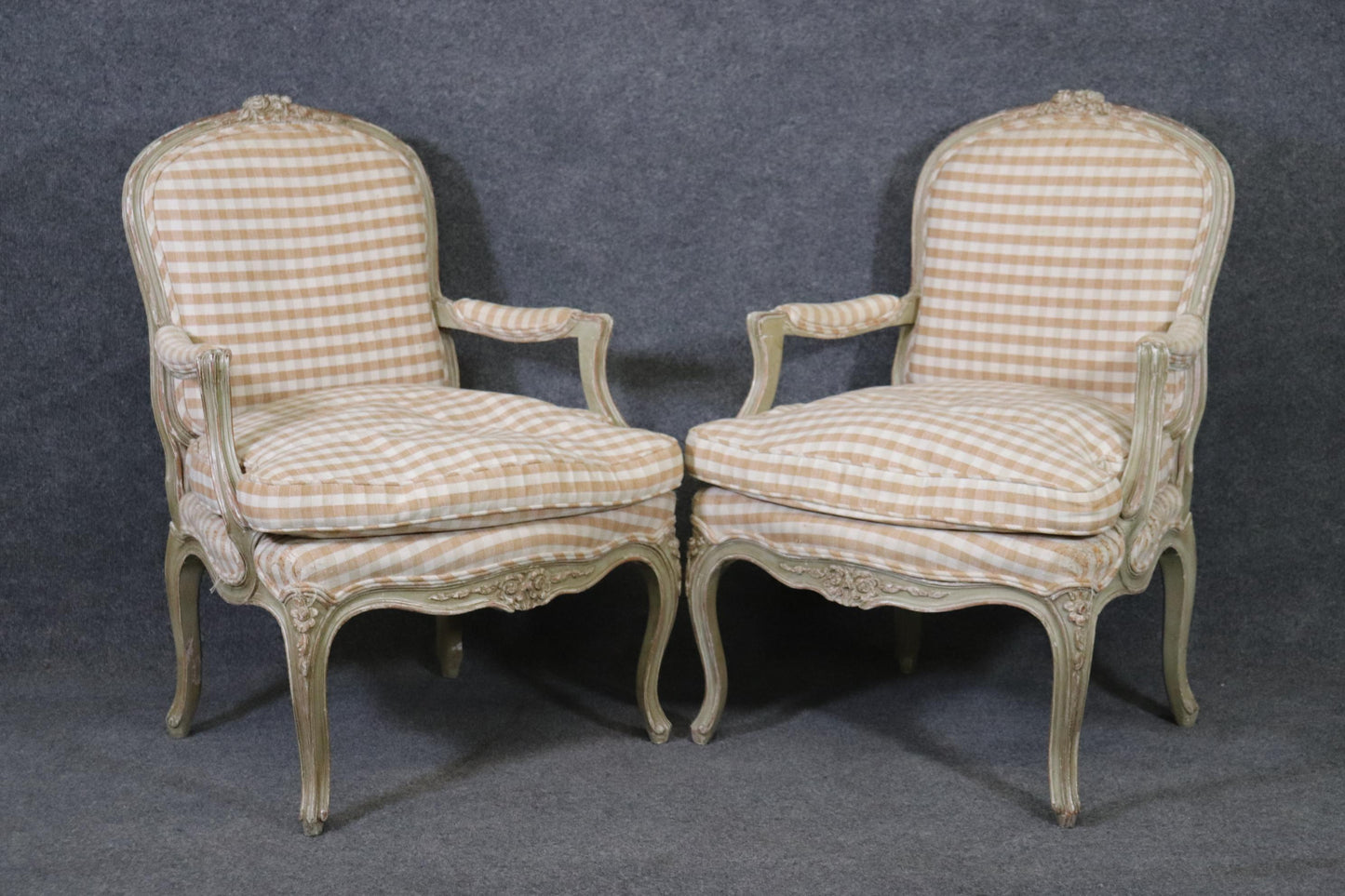 Pair of Distressed Painted French Carved Louis XV Armchairs, Circa 1930s