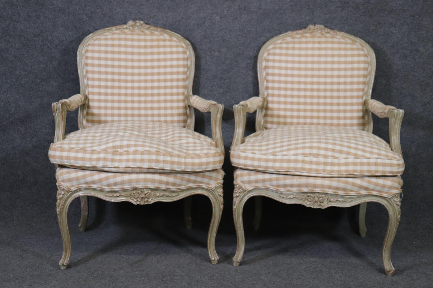 Pair of Distressed Painted French Carved Louis XV Armchairs, Circa 1930s