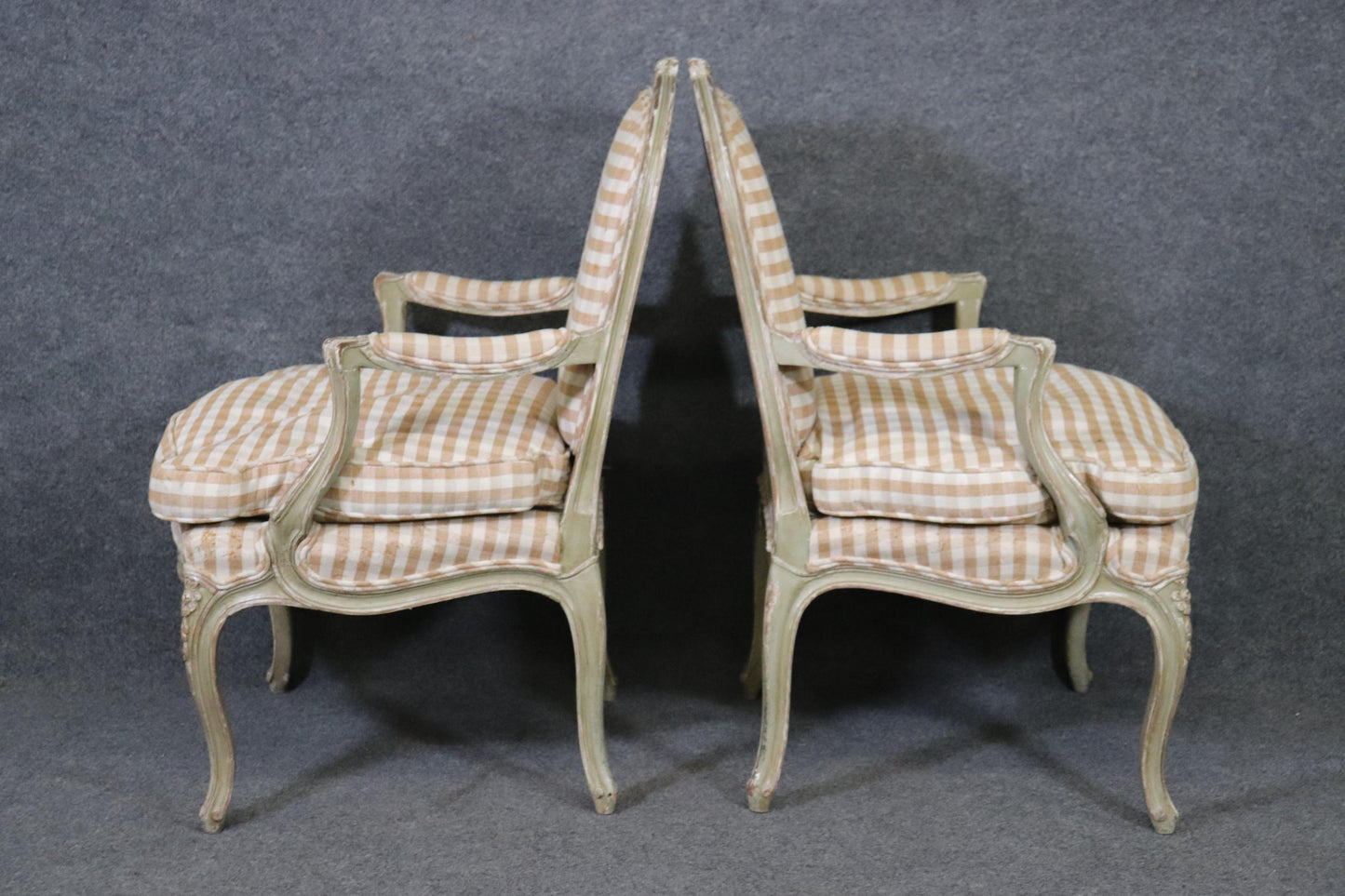 Pair of Distressed Painted French Carved Louis XV Armchairs, Circa 1930s