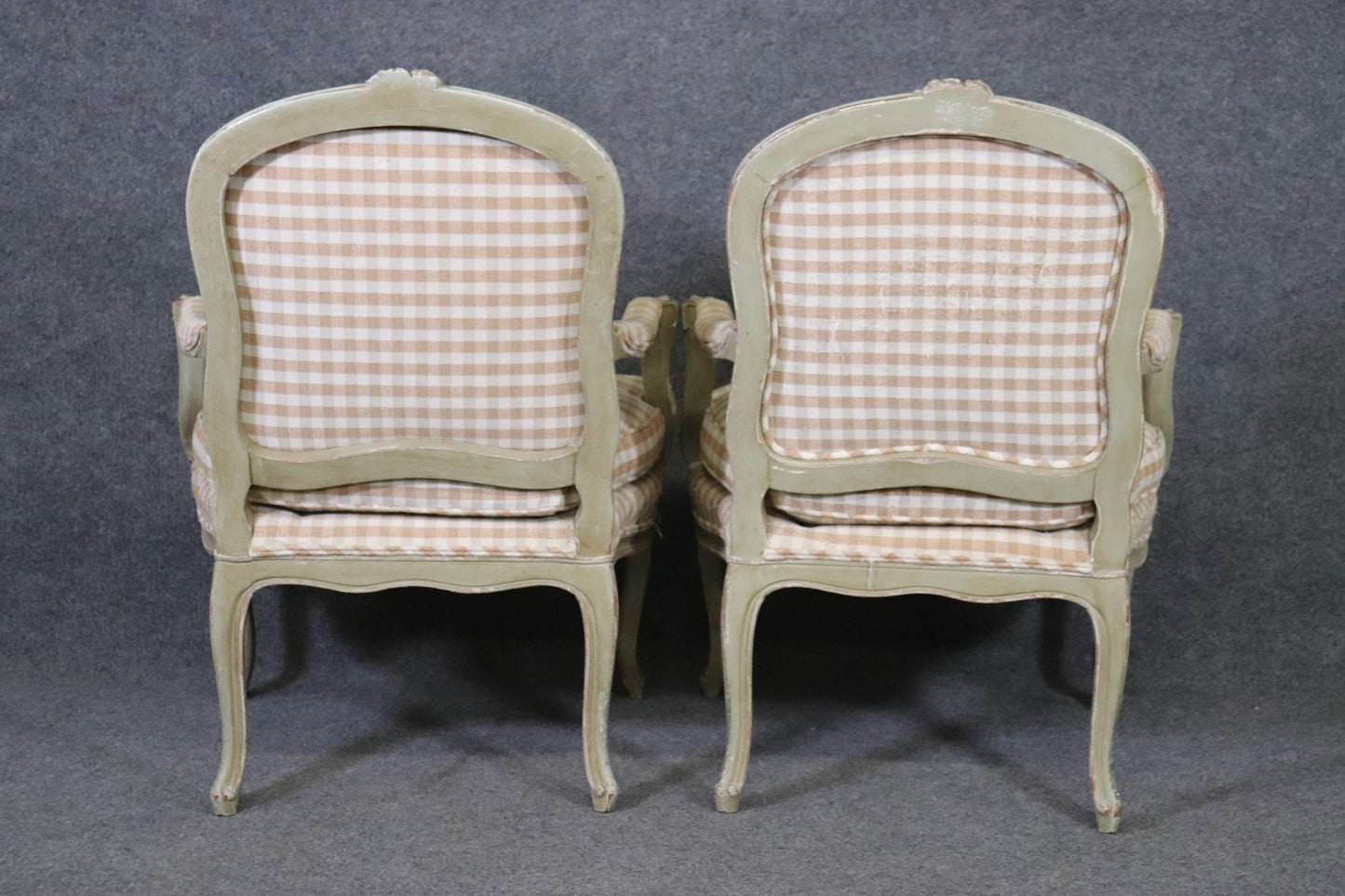 Pair of Distressed Painted French Carved Louis XV Armchairs, Circa 1930s