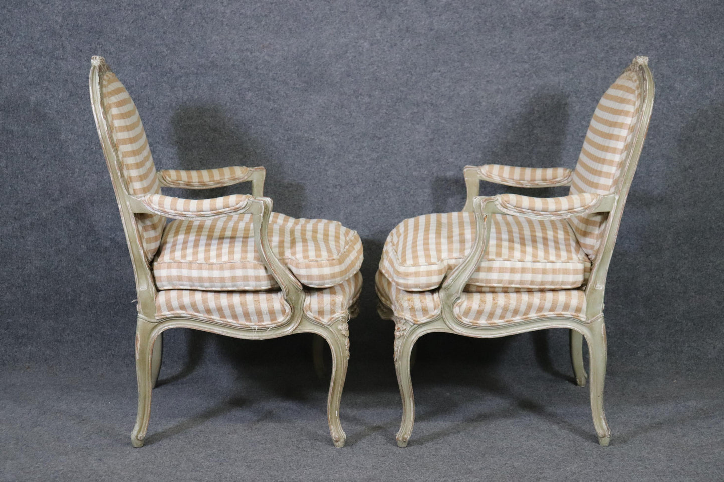 Pair of Distressed Painted French Carved Louis XV Armchairs, Circa 1930s