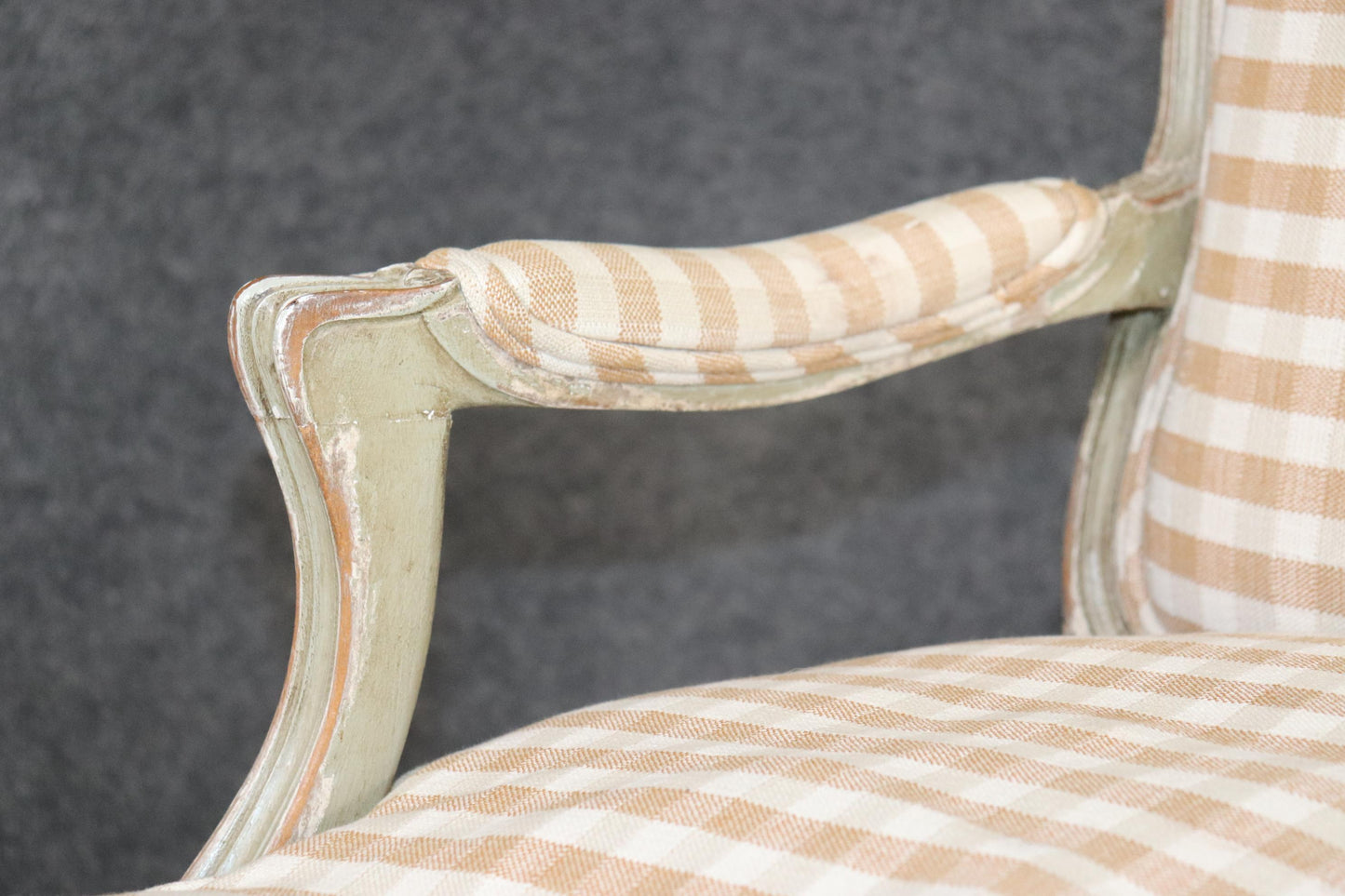 Pair of Distressed Painted French Carved Louis XV Armchairs, Circa 1930s