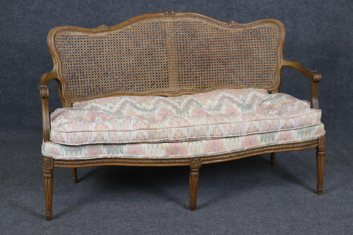 Finely Antique Carved French Louis XV Walnut and Cane Upholstered Settee Canape