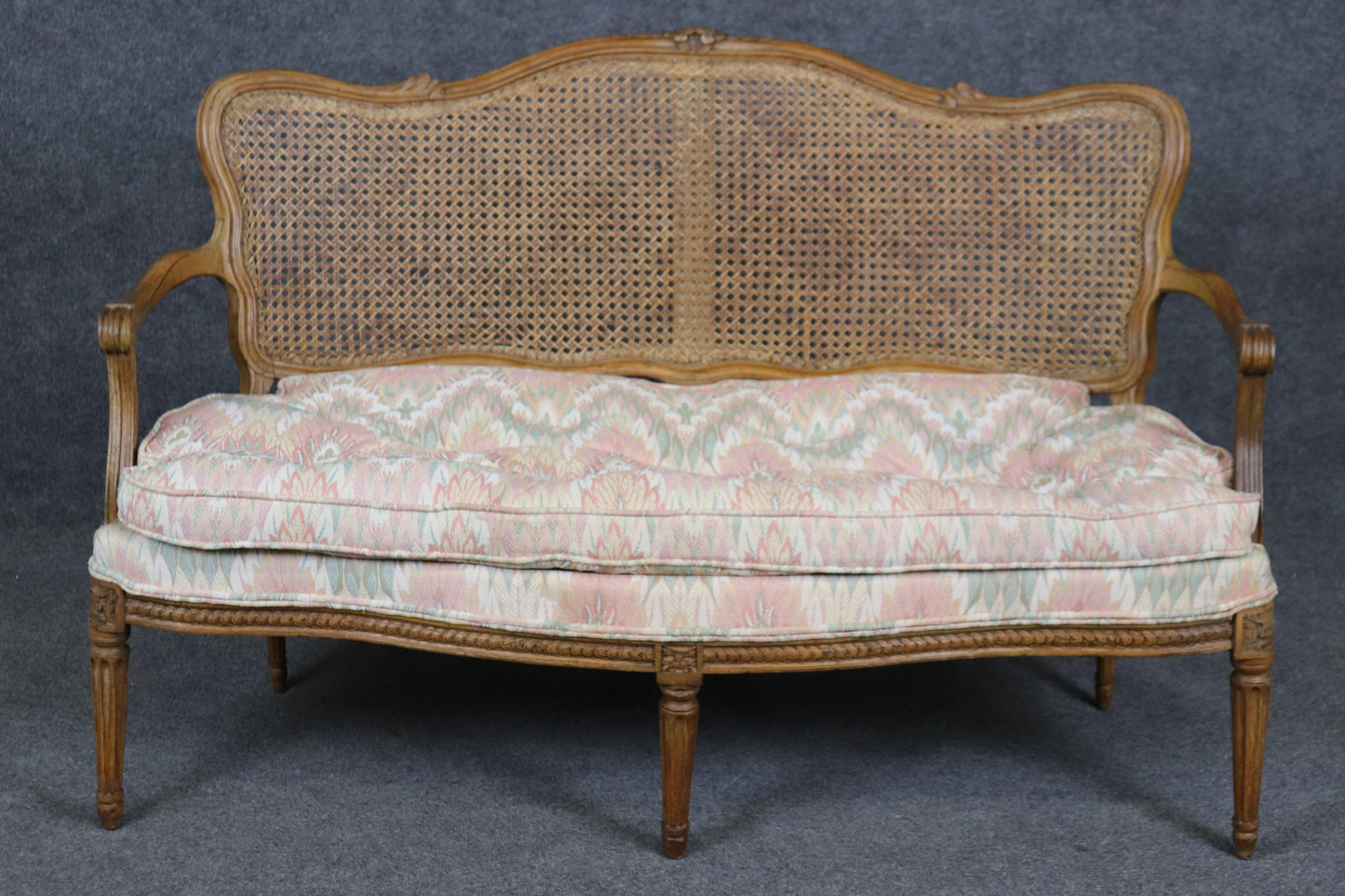 Finely Antique Carved French Louis XV Walnut and Cane Upholstered Settee Canape