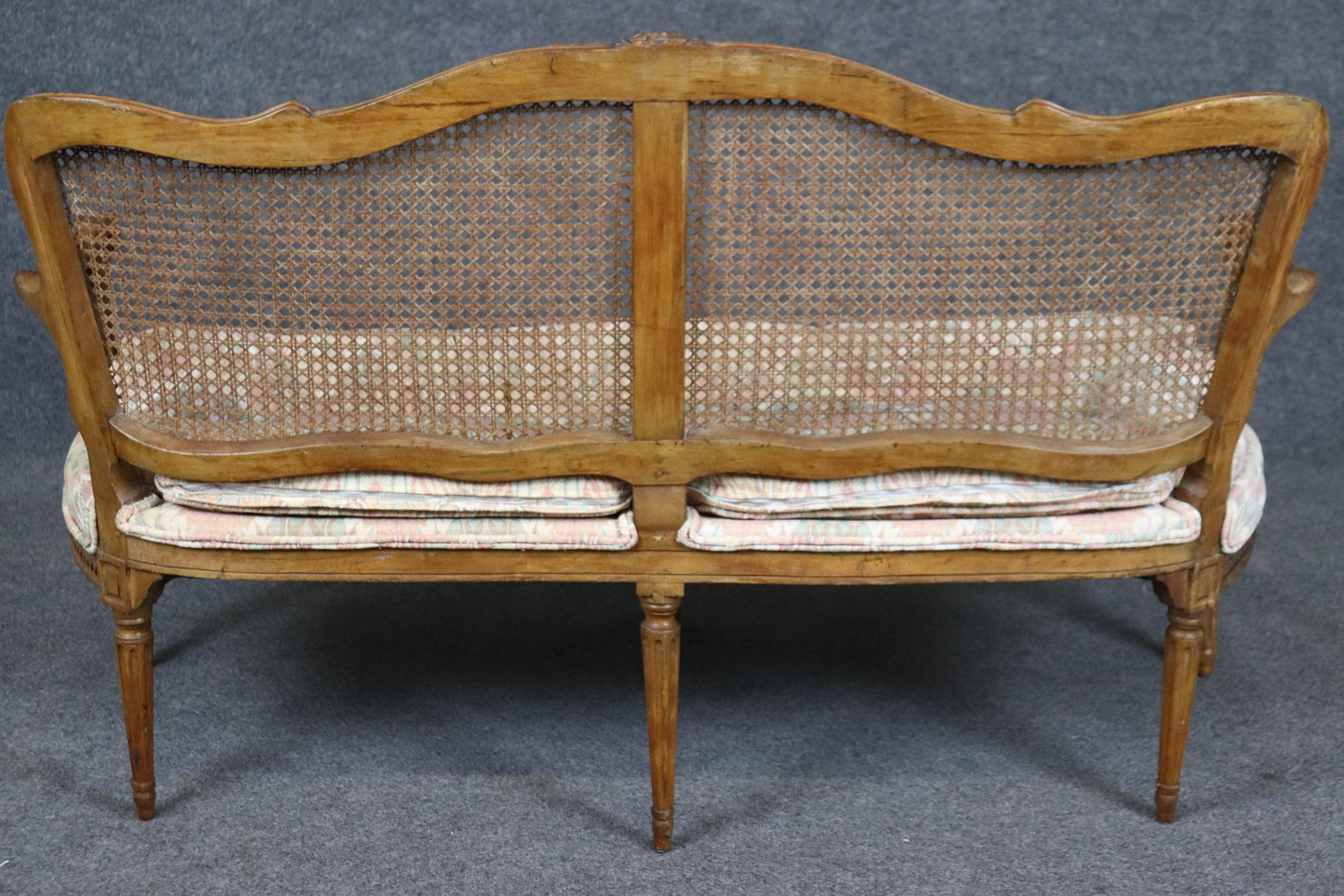 Finely Antique Carved French Louis XV Walnut and Cane Upholstered Settee Canape