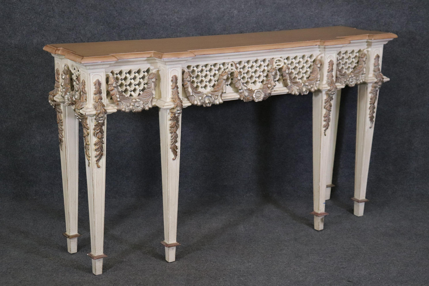 Gorgeous Carved French Louis XVI Style Faux marble Paint Decorated Console Table