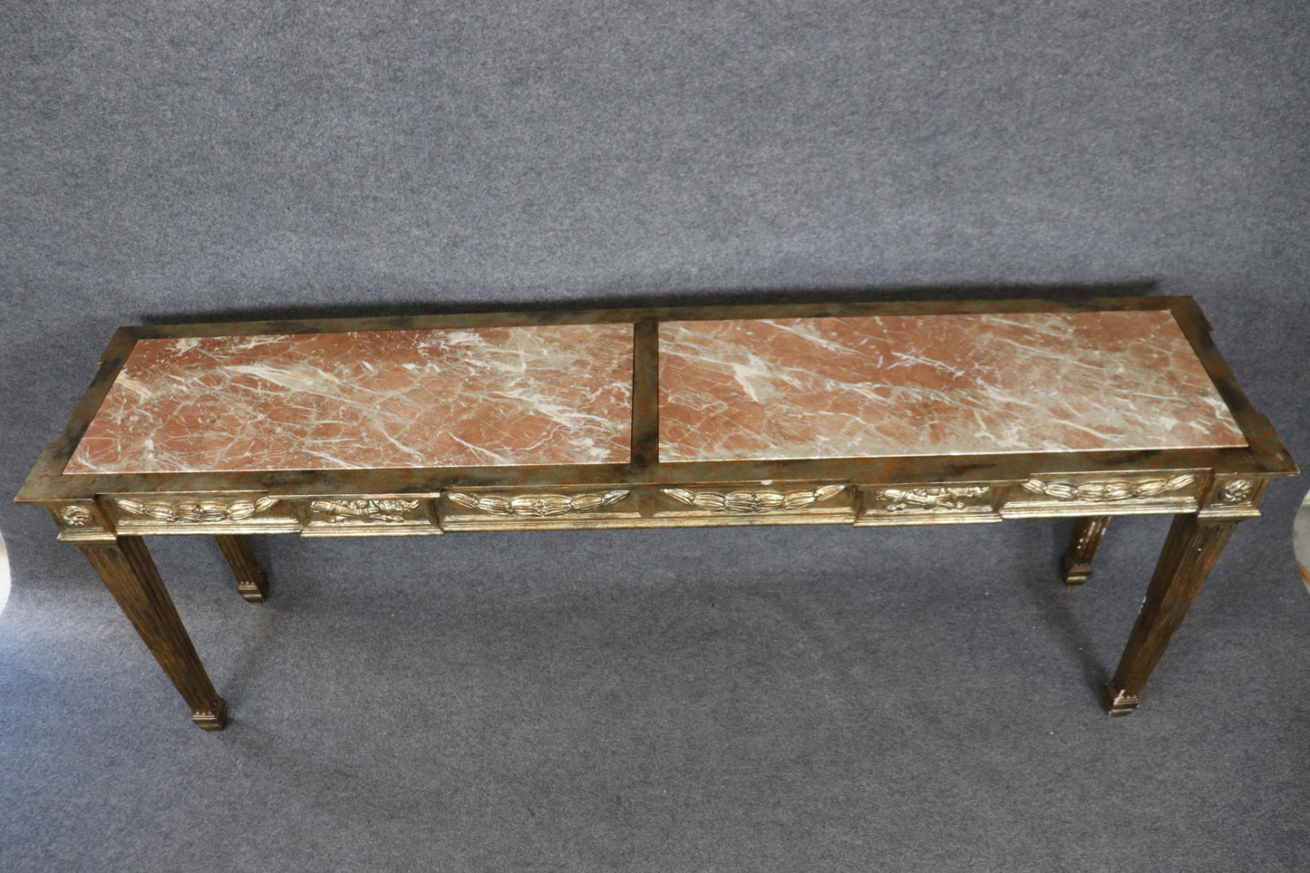 Grand French Marble Top Carved Louis XVI Directoire Silver Leaf Console Table