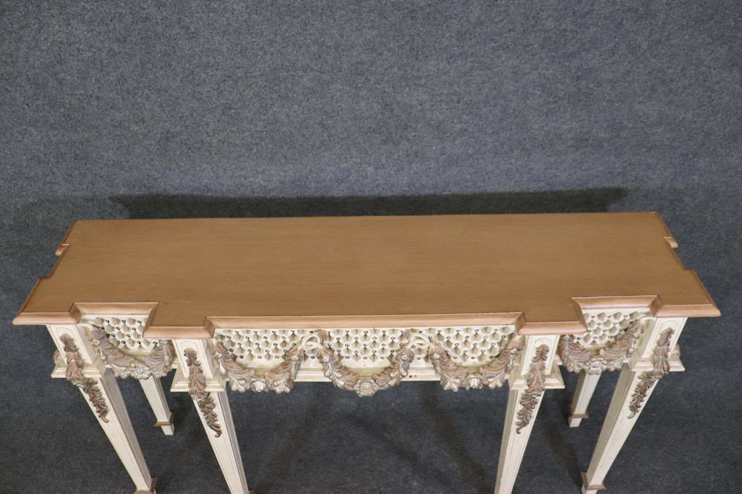 Gorgeous Carved French Louis XVI Style Faux marble Paint Decorated Console Table