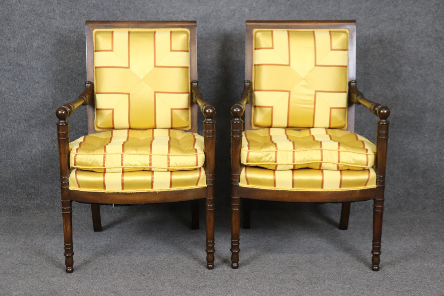 Incredible Pair of French Empire Style Walnut and Vibrant Yellow Bergere Chairs