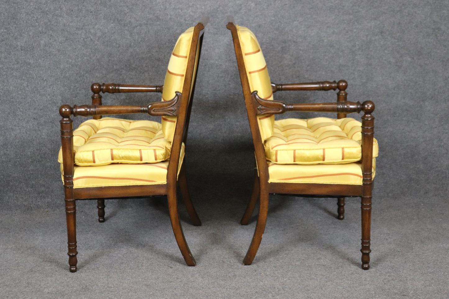 Incredible Pair of French Empire Style Walnut and Vibrant Yellow Bergere Chairs