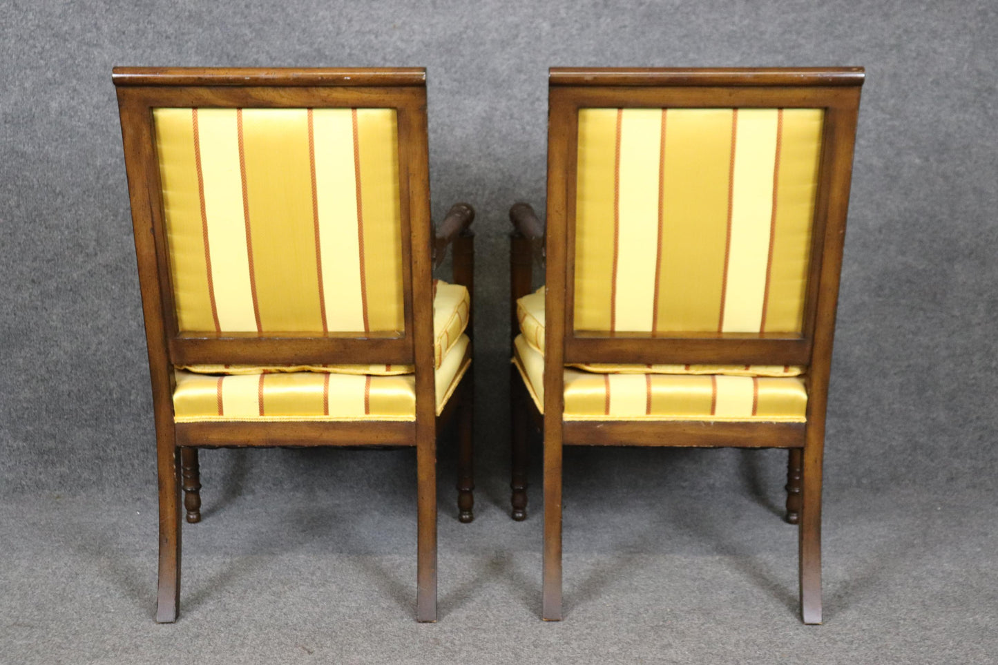 Incredible Pair of French Empire Style Walnut and Vibrant Yellow Bergere Chairs