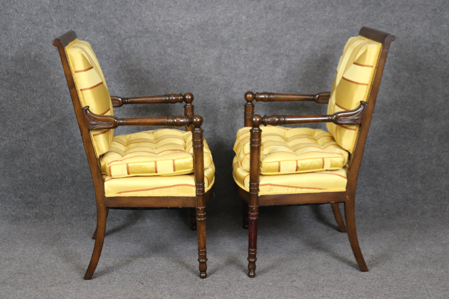 Incredible Pair of French Empire Style Walnut and Vibrant Yellow Bergere Chairs