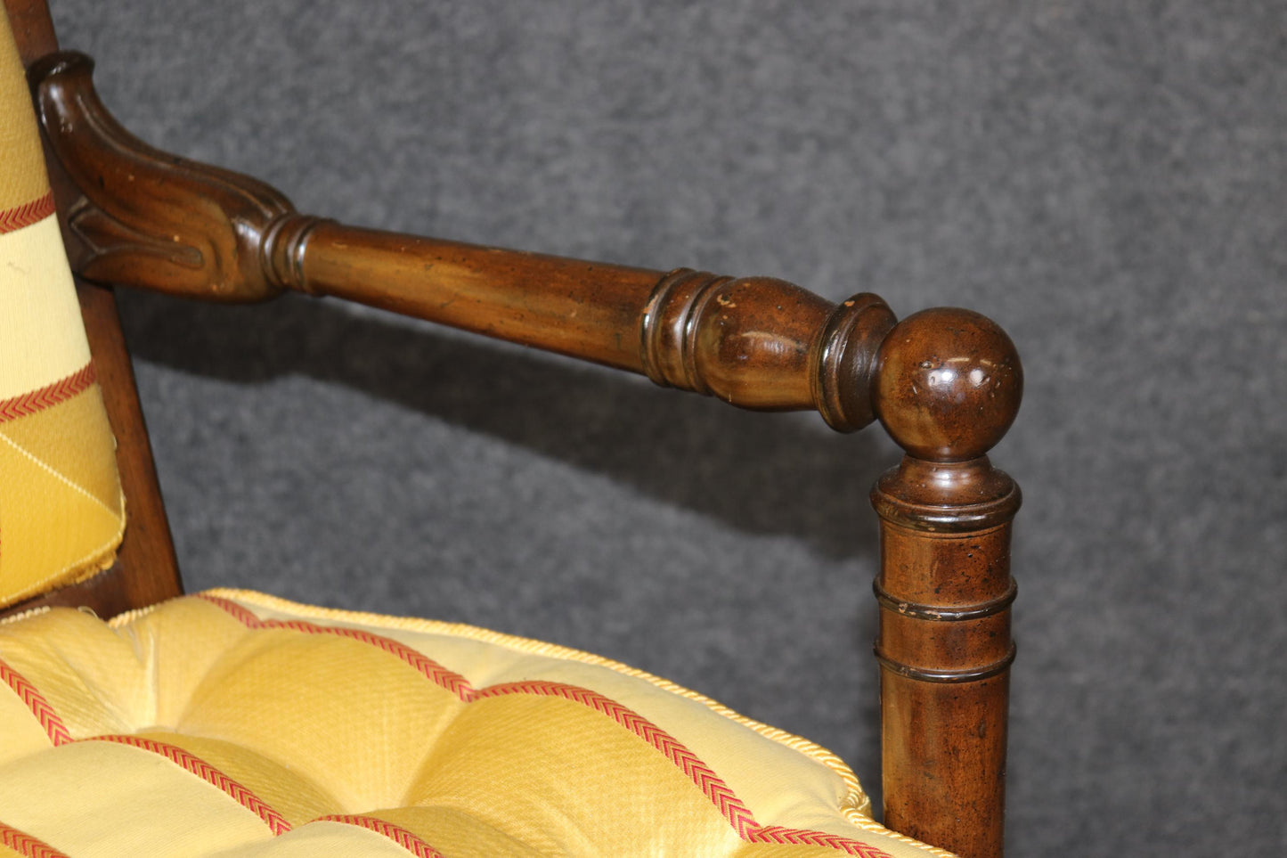 Incredible Pair of French Empire Style Walnut and Vibrant Yellow Bergere Chairs